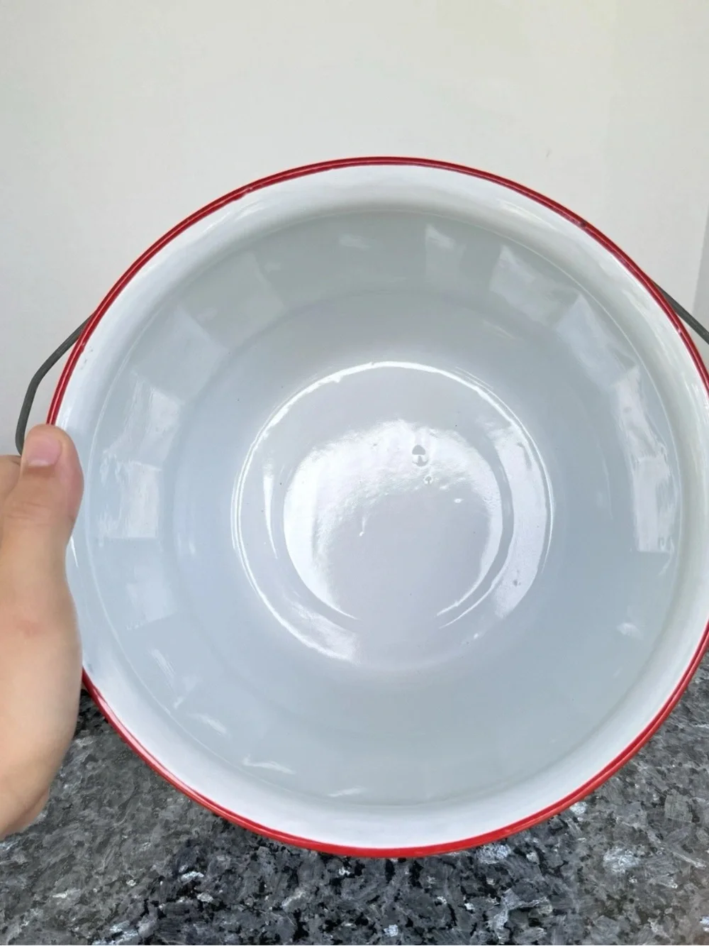 Vintage Fesco Porcelain Enamelware Pot With Wooden Handle, 8” White & Red Bucket